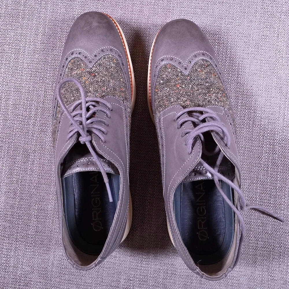 Cole Haan Original Grand Oxfords Mens 9.5 Grey Leather Wool Tweed Wingtip C30344